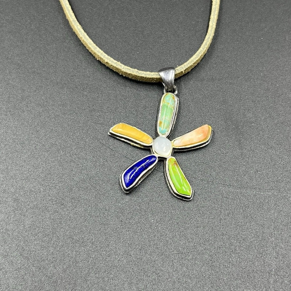 Southwestern Sterling Silver‎ 925 Multi Gemstone Flower Pendant On Leather Cord